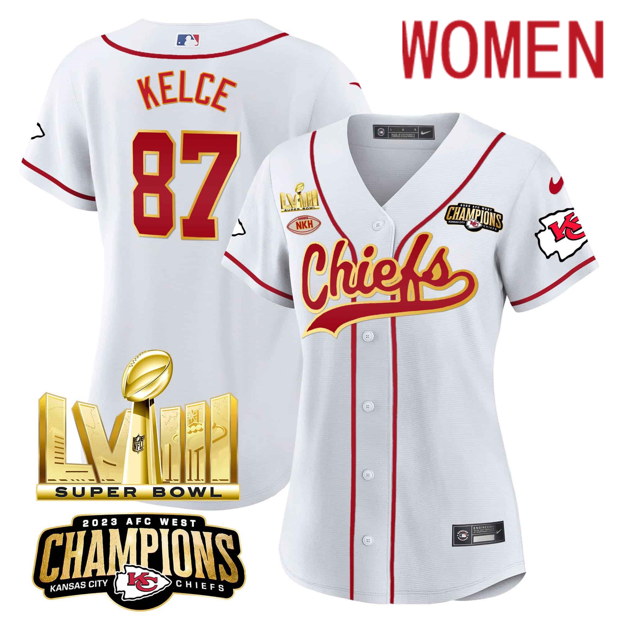 Women Kansas City Chiefs 87 Kelce White 2024 Nike Super Bowl LVIII Back 2 Back Gold Patch Baseball NFL Jersey